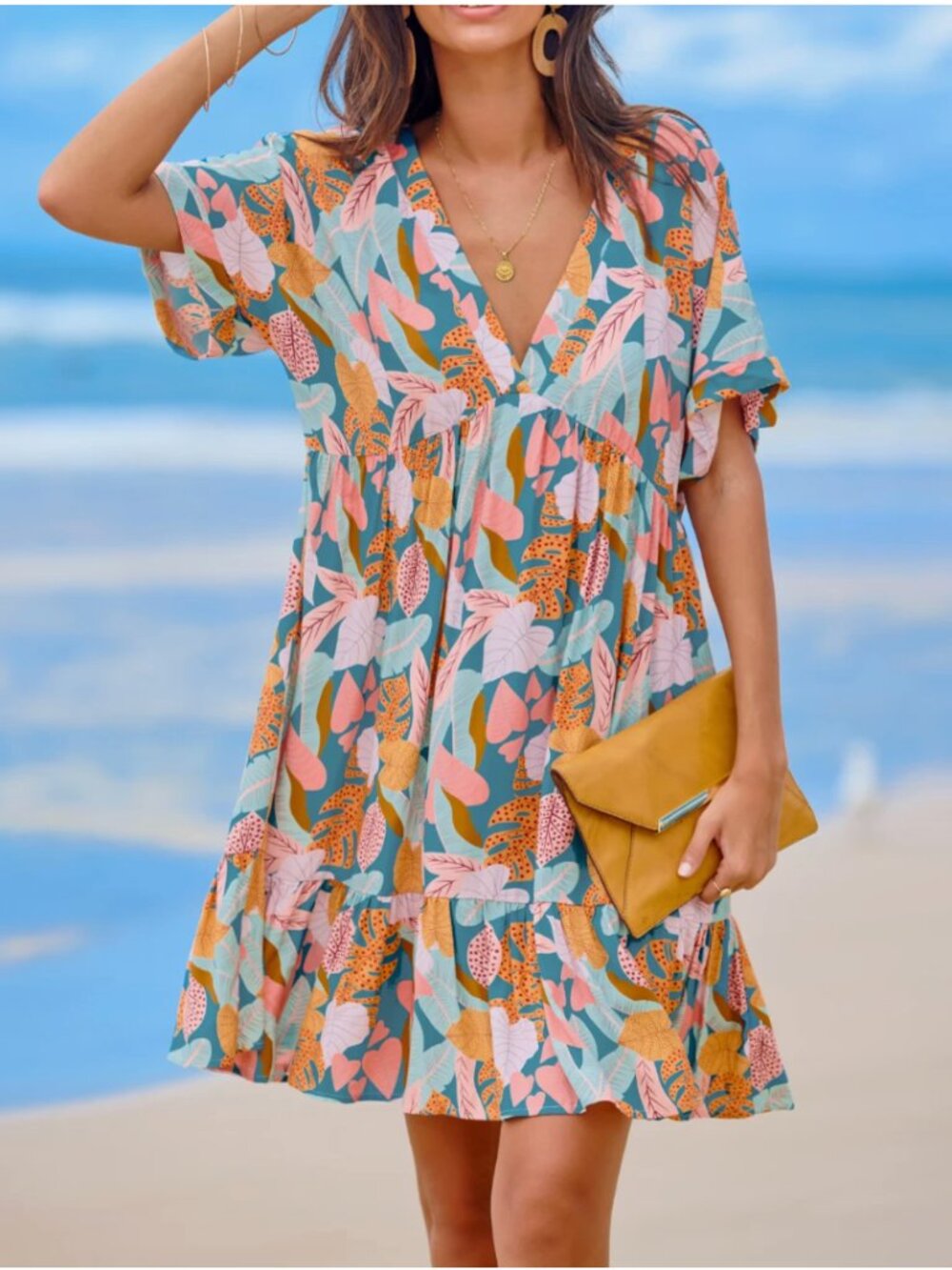 Cupshe Soft Tropics Short Sleeve Mini Dress Med